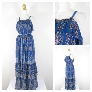 Anthropologie Womens Sasha Blue Bohemian Ruffled Belted Maxi Dress Size S